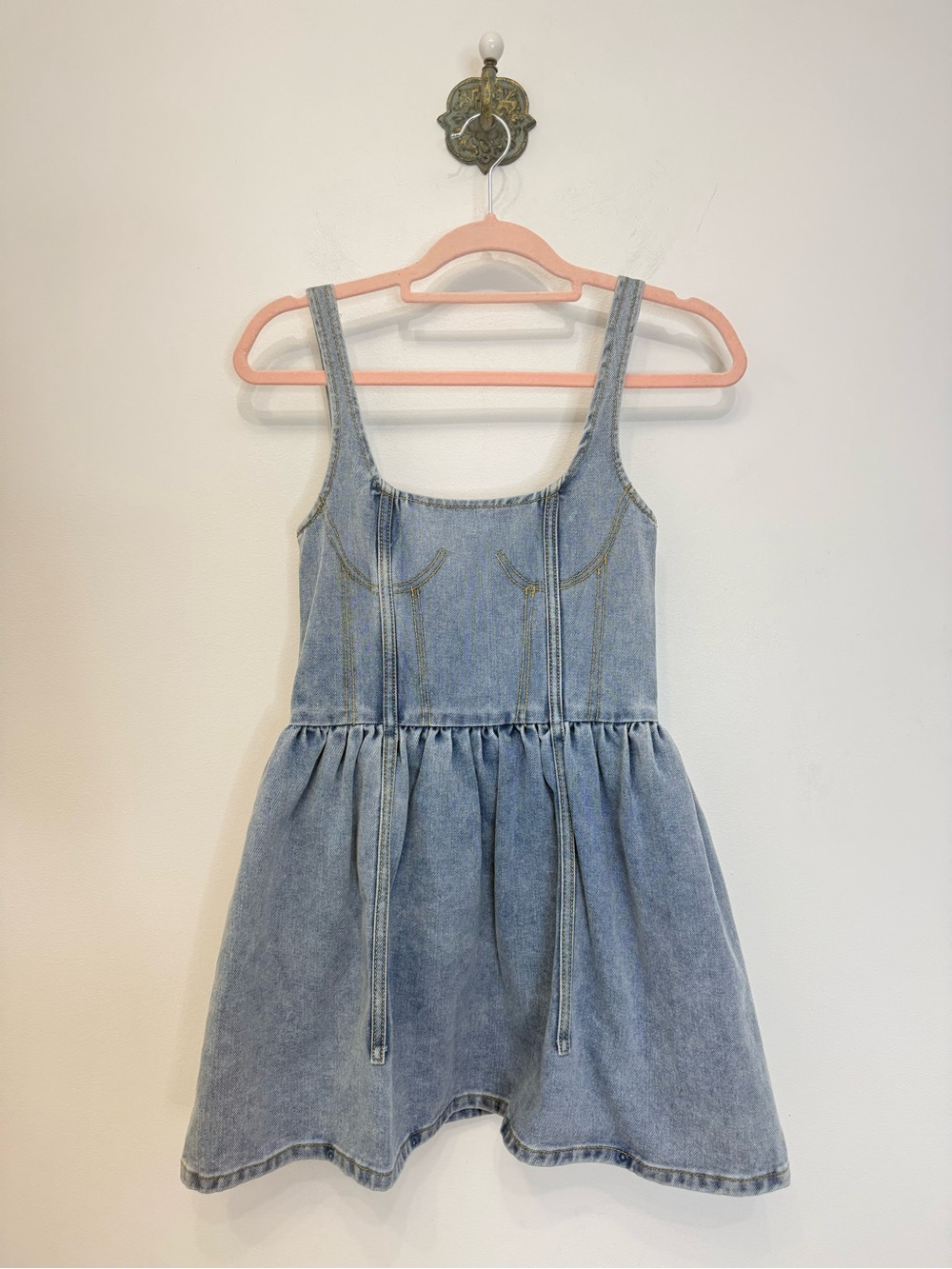 PrettyLittleThing Light Blue Wash Denim Contrast Stitch Corset Skater Dress NWT